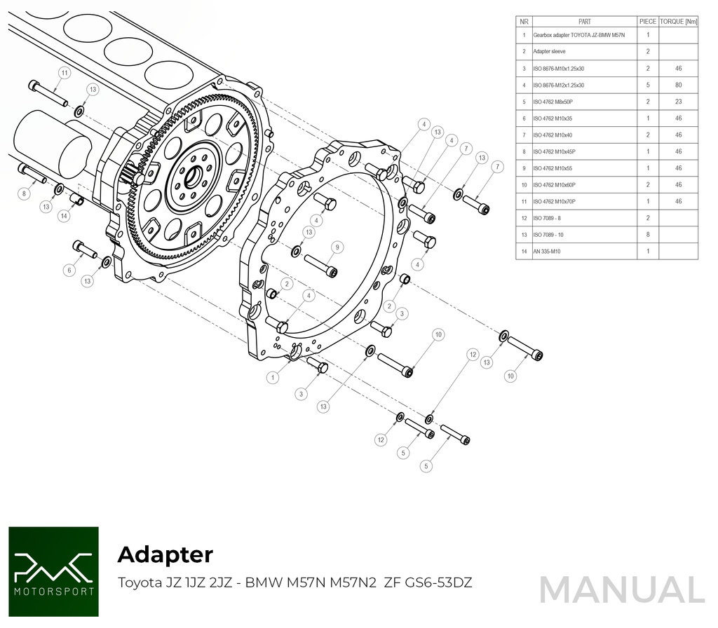 PMC Adaptersett Toyota JZ - BMW M57N HGU HGK / N54 - 240mm / 9.45"