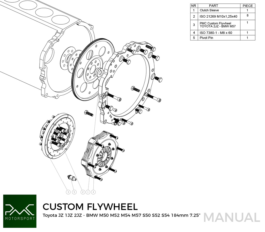 PMC Adaptersett Toyota JZ - BMW M57 / E46 S54 M3 - 184mm / 7.25"